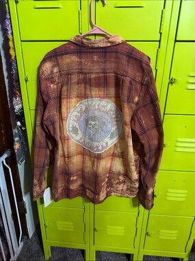 Distressed Rust Plaid Flannel Shirt Jacket with Graphic Back, Grateful Dead